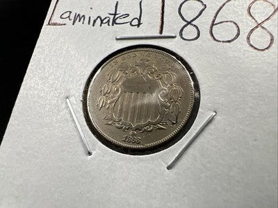 1868 5c Shield Nickel Coin Major Lamination Error Obverse AU About UNC