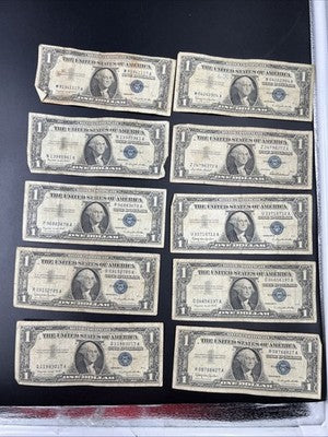 Lot of 10 1957 $1 One Dollar Silver Certificate Blue Seal Notes G / VG #017