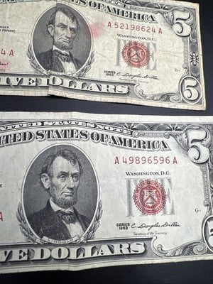 Lot of 3 Very Circulated 1963 $5 USN United States Notes One Damaged #596