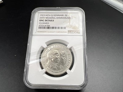 1923 Denmark 2 Kroner Silver Coin NGC UNC Details Cleaned