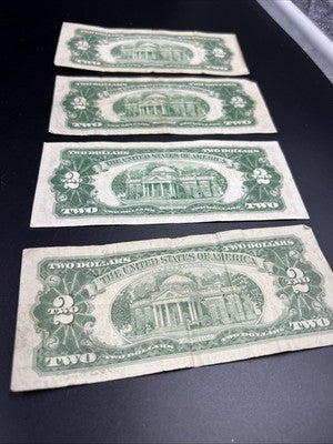 Lot of 4 1963 1953 $2 USN Red Seal Notes Average Circ Red Seal Bills #687