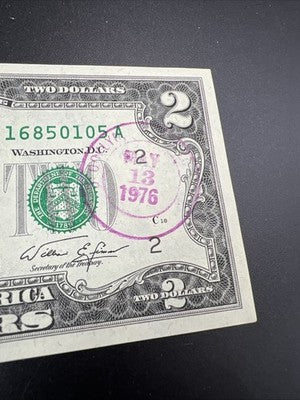 1976 $2 Two Dollar Bicentennial Bill Brookyln NY Postmarked (no Stamp) UNC #105