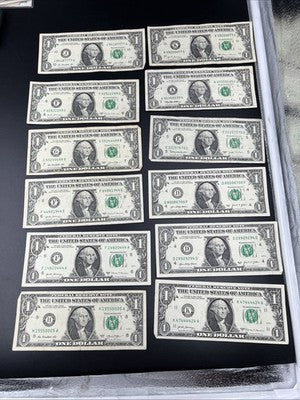 Lot of 12 $1 FRN Fancy Serial Number Federal Reserve Note Years 1963 - 2021 Circ