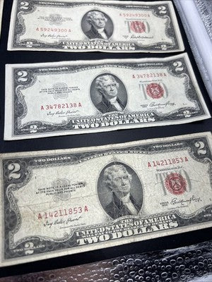 Lot of 10 1953 1963 $2 USN Red Seal Legal Tender Bills VG Very Good + Circ #859