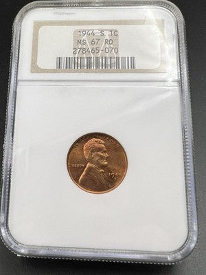 1944 S 1c Lincoln Wheat Cent Penny MS67 RD Some Toning #070