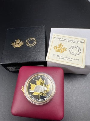 2017 $25 Piedfort Timeless Icons Beaver & Maple Leaf 1 Oz Silver Coin w/ Box COA