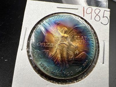 1985 Mexico Libertad 1 Oz Silver Coin Monster Toning Toner PQ Blue Rainbo Gem BU