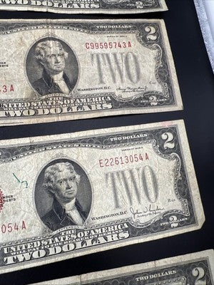 Lot of 5 1928 $2 USN United States Note Red Seal Bills VG Very Good Circ #082