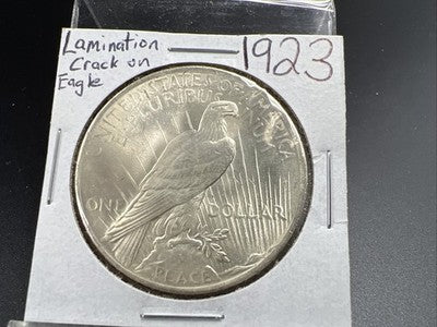 1923 P $1 Peace Silver Dollar Coin Reverse Lamination Error CH BU