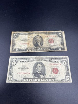Star * Note Collector's Lot 1953 $2 & 1963 $5 USN Red Seal Notes Very Circ #67