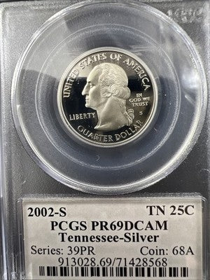 2002 S Proof Silver Tennessee Statehood Quarter Coin PCGS PR69 DCAM #568