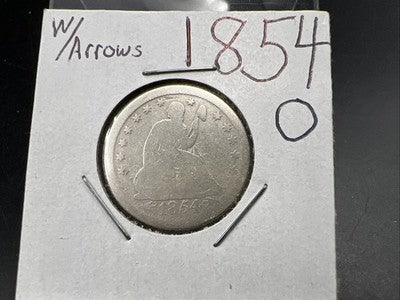 1854 O 25c Liberty Seated Quarter Coin AG / G Details Cleaned