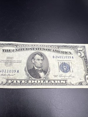 1953 $5 Five Dollar US Silver Certificate Fine Circ #039
