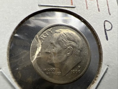 1999 P 10c Roosevelt Dime Coin Incuse Error AU
