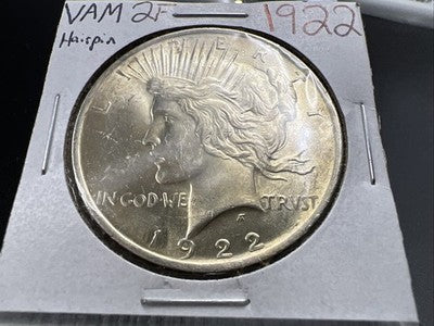 1922 $1 Peace Silver Dollar Coin Vam 2F Variety Hairpin BU UNC Top 50 VAM
