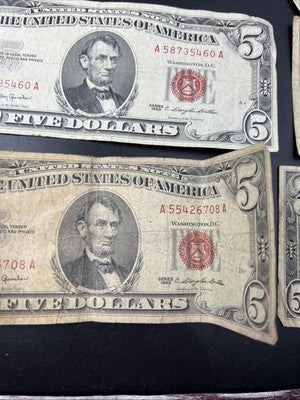 $5 Bill collector's Lot 10 US Bills - 5 USN Red Seals & 5 Silver Certificates