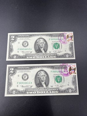 2 Consecutive 1976 $2 Bicentennial Federal Reserve Notes Postal Stamp Augusta GA