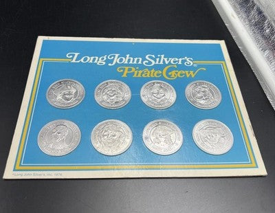 Long John Silver's Pirate Crew 8 Medallion Token Set UNC in Display Card SK#A