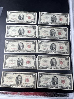 Lot of 10 1953 $2 USN Red Seal Legal Tender Bills VG Very Good + Circ #557