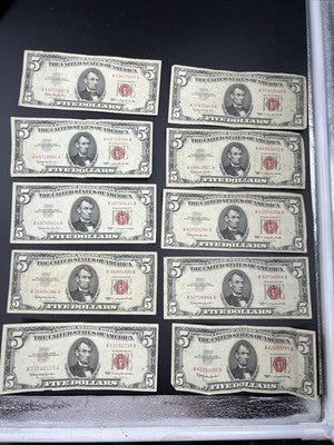 Lot of 10 1963 $5 USN United States Red Seal Five Dollar Notes VG / Fine #115