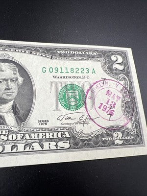1976 $2 Two Dollar Bicentennial Bill Brookyln NY Postmarked (no Stamp) UNC #223