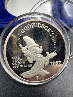 Mickey's Magic 1987 Disney Good Luck 1 Oz Silver Coin in Box