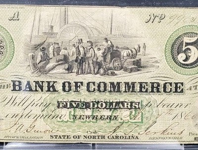 1860 The Bank Of Commerce Newbern NC $5 Dollar Obsolete Banknote