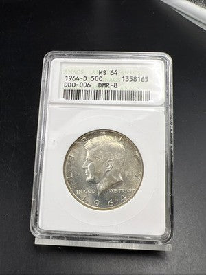 1964 D Kennedy FS-106 Half Dollar Coin Double Die Obverse DDO 006 ANACS MS64 #65