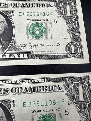 Lot of 2 1963 B $1 Barr FRN Federal Reserve Notes One Dollar Bills CH AU #939