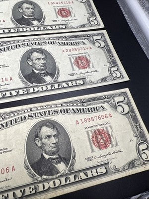 Lot of 5 1963 $5 USN United States Notes Five Dollar Bills Red Seal VF Very Fine