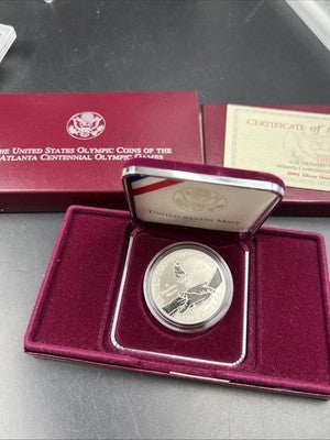 1995 Atlanta Olympics Runner Proof Silver Dollar Coin OGP Some Toning