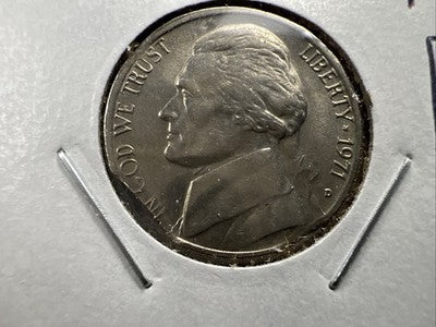 1971 D 5c Jefferson Double Clipped Error & Die Crack AU Circ