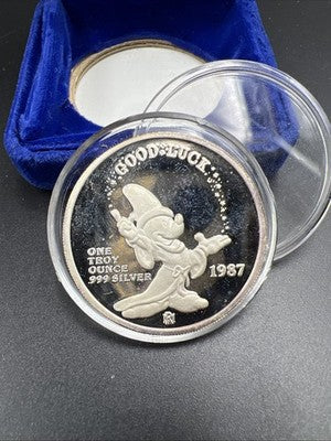 Mickey's Magic 1987 Disney Good Luck 1 Oz Silver Coin in Box