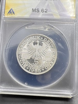 1955 G 5M West Germany Baden 5 Five Marks Silver Coin ANACS MS62 #041