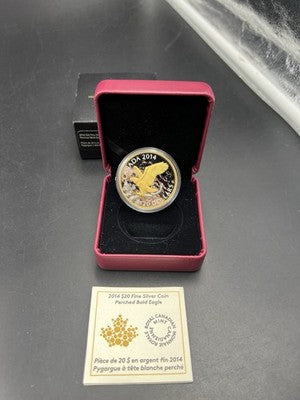 2014 Canada $20 Gilt Perched Bald Eagle Proof 1 oz Silver Coin in RCM Box COA