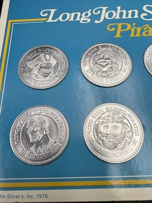 Long John Silver's Pirate Crew 8 Medallion Token Set UNC in Display Card SK#B