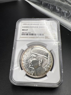 1995 Denmark Silver 200 Kronor Queen Margrethe II Anniversary NGC MS67