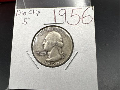 1956 P 25c Washington Silver Quarter Coin Die Chip In Date Variety Circulated #A