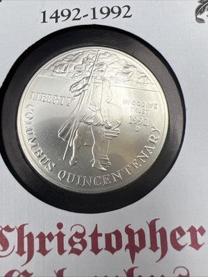 1992 D Christopher Columbus 90% Silver Dollar Coin in FDOI Stamp Pack