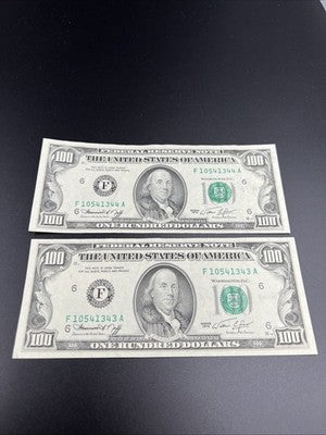 2 Consecutive 1974 $100 One Hundred Dollar FRN Federal Reserve Note Bills XF EF