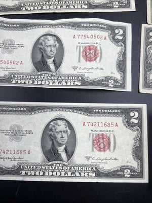 Lot of 8 1963 1953 $2 USN Red Seal Notes VG Fine Circ Red Seal Bills #685