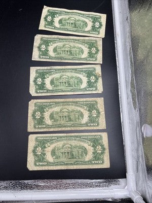 Lot of 5 1928 $2 USN United States Note Red Seal Bills G / VG Circ #39