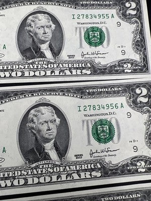 5 Consecutive 2003 $2 FRN Federal Reserve Notes UNC Uncirculated #57