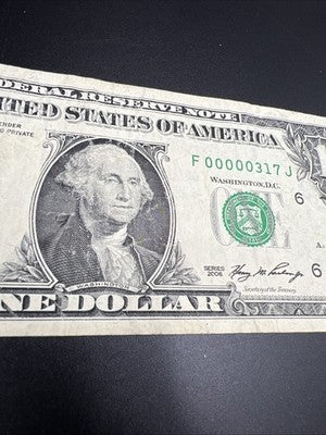2006 $1 FRN Federal Reserve Note Neat Serial #00000317 VG Circ