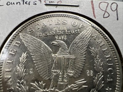 Bearl Tate Masonic Counterstamp on 1891 P $1 Morgan Silver Dollar AU Details