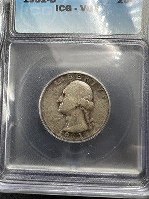 1932 D 25c Washington Silver Quarter Coin ICG VG8 Very Good Certified