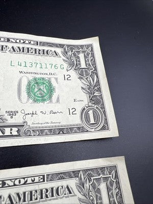 2 Consecutive 1963 B Barr FRN Federal Reserve Dollar Bill Notes VF / XF Circ #75