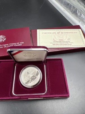 1995 Atlanta Olympics Runner Proof Silver Dollar Coin OGP Some Toning