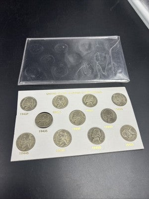 1942 1943 1944 1945 Complete 11 Coin US 35% Silver War Nickel Coin Set in Card J