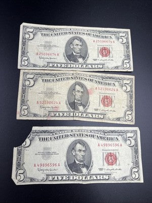 Lot of 3 Very Circulated 1963 $5 USN United States Notes One Damaged #596